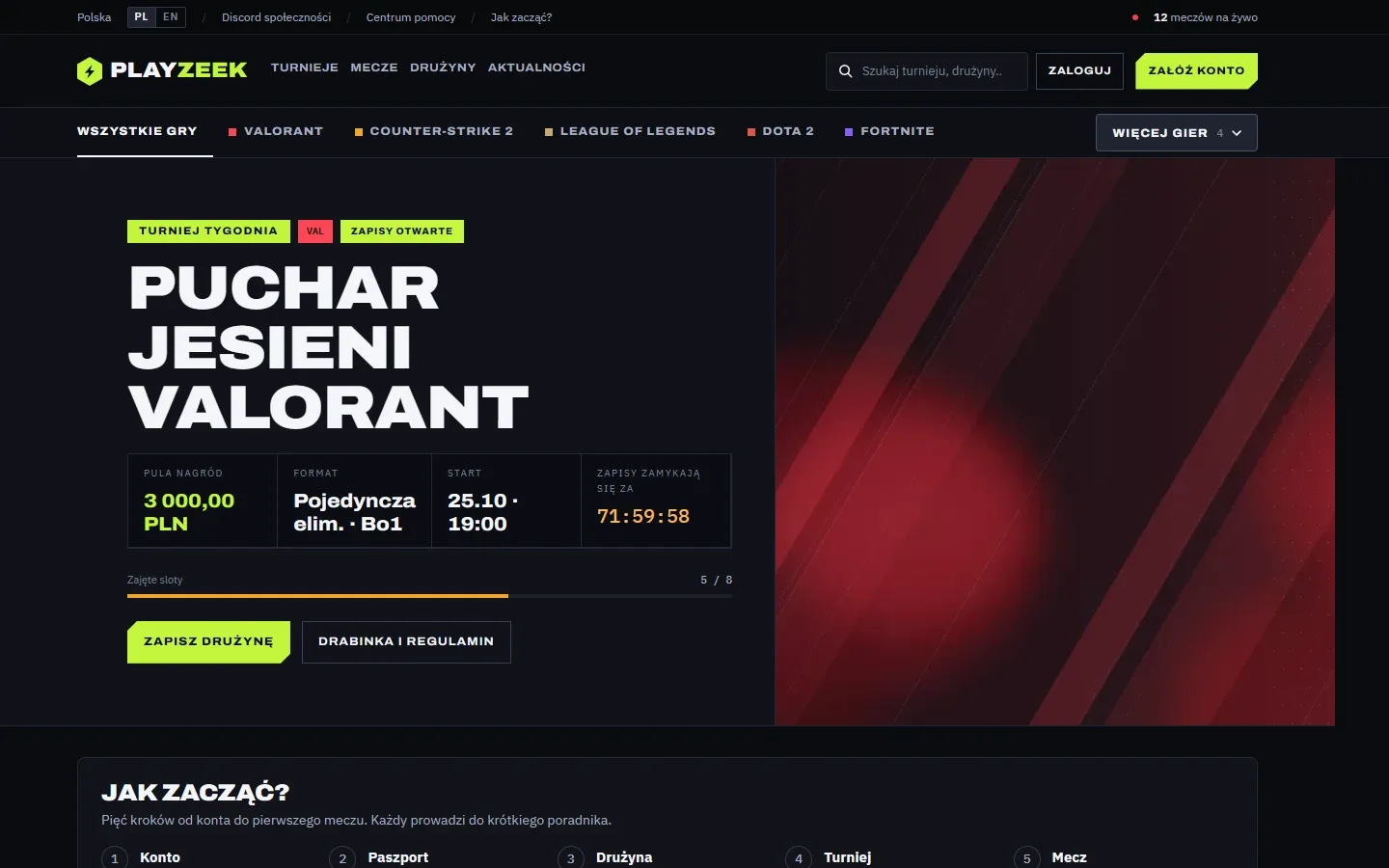 Strona główna PlayZeek: menu, pasek gier i karta „Jak zacząć?”