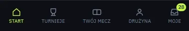 Dolne menu na telefonie: Start, Turnieje, Twój mecz, Drużyna i Moje