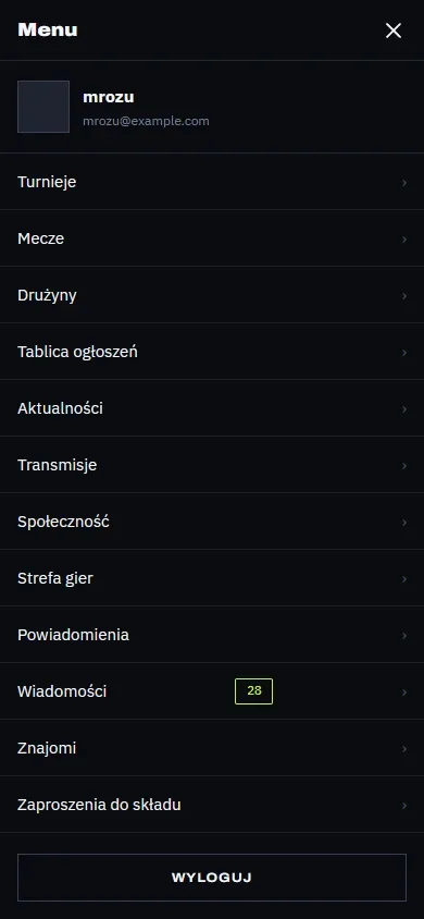 Menu na telefonie z sekcjami portalu i pozycjami konta