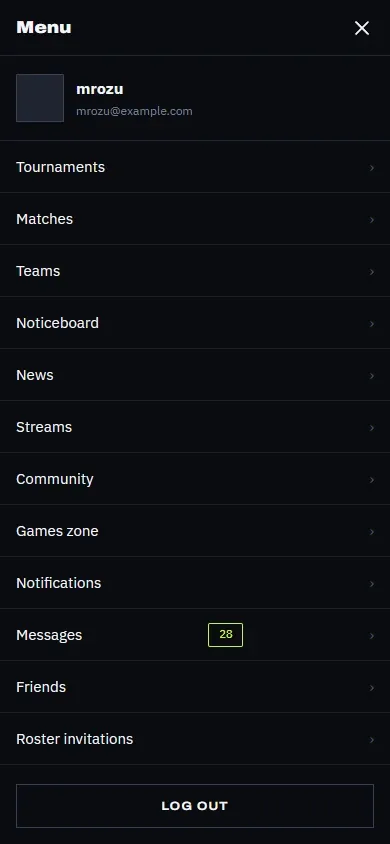 The phone menu with the site sections and account items