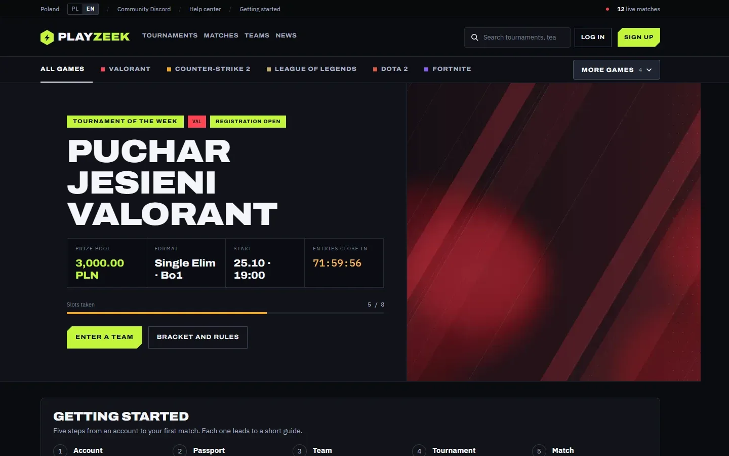 The PlayZeek home page: menu, game bar and the “Getting started” card