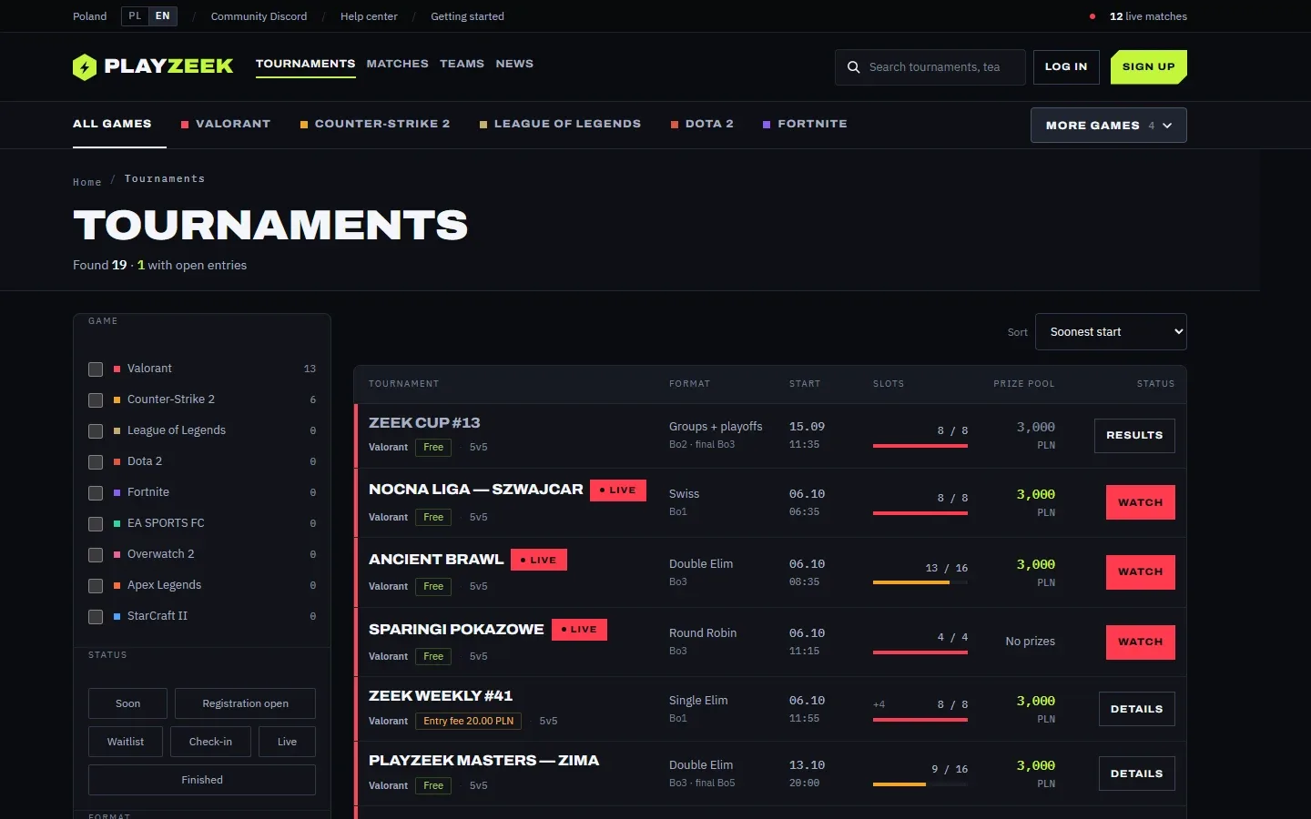 The tournament list with the game filter, statuses and free slots